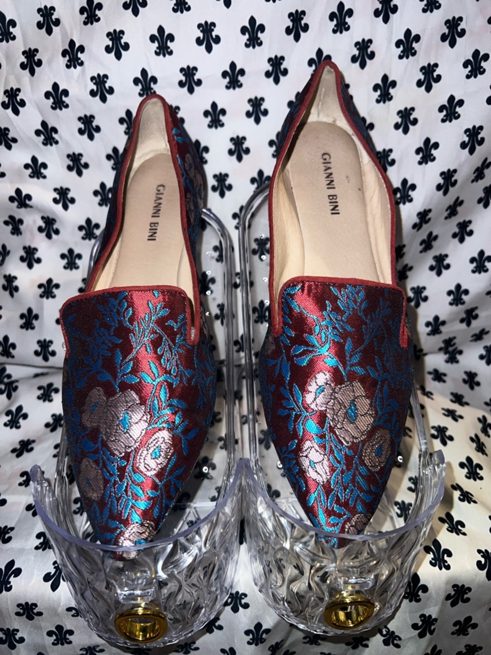 Gianni Bini Burgandy Floral Brocade Slip-On Flats